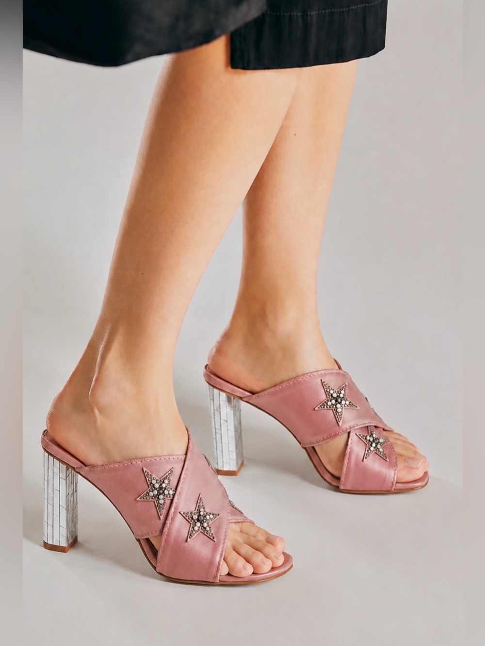 NWT Anthropologie Lola Cruz Starry Mules Sandals Satin Leather Size 9 US Pink
